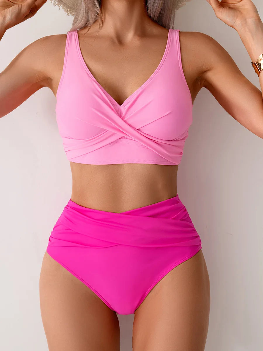 VigoBreviya 2025 Sexy Solid Strapped Swimwear Women Cross Push Up Bikini Set Brazilian Lady Swimsuit High Waist Beach Bath Suit