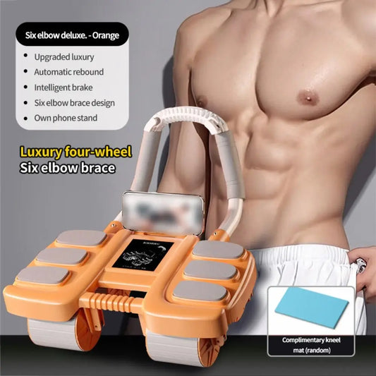 Orange luxury four-wheel ab roller with intelligent brake and six elbow braces for effective workouts.
