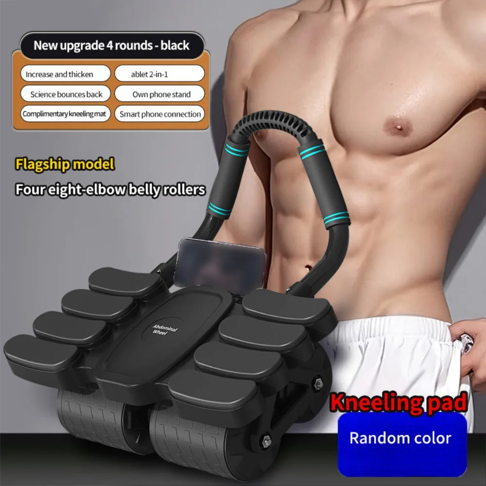 Automatic rebound ab roller with four elbow rollers for core strength and full-body workouts, equipped with kneeling pad.