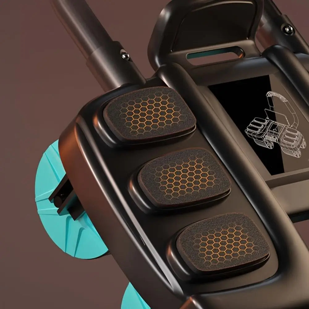 Close-up of automatic rebound ab roller showcasing textured grips and blue wheels for enhanced stability in workouts.