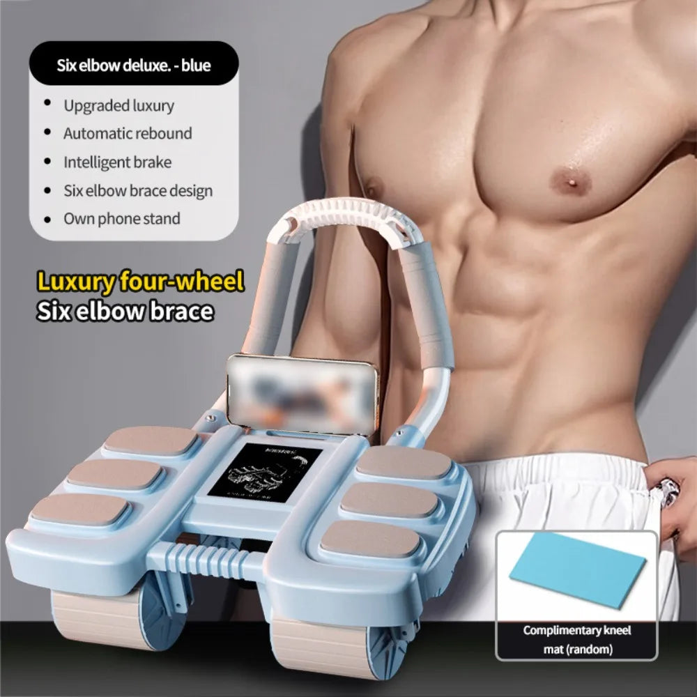 Luxury blue four-wheel ab roller with intelligent brake and six elbow brace for effective core workouts.