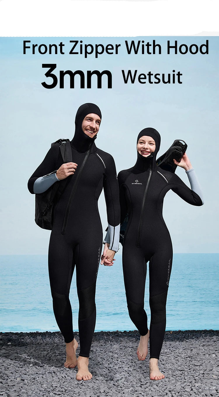 Men Women 3mm Neoprene Wetsuit One-piece Full Body Diving Suit Front Zip Wetsuit With Hood for Scuba Snorkeling Surfing Swimming