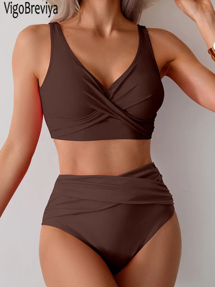 VigoBreviya 2025 Sexy Solid Strapped Swimwear Women Cross Push Up Bikini Set Brazilian Lady Swimsuit High Waist Beach Bath Suit