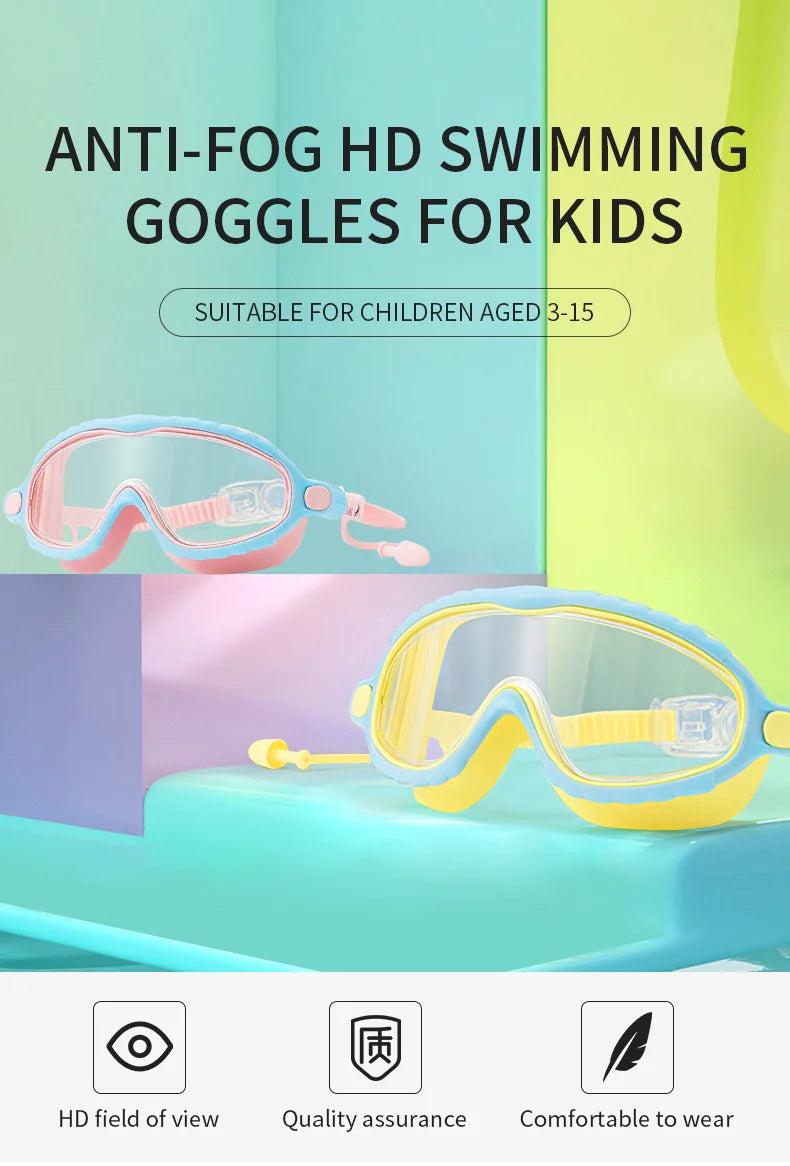 Kids Swimming Goggles Boys&Girls (3-15 Years)-Big Frame HD View, Anti-Fog Silicone Swim Goggles + PU Swimming Cap Swim Set Gifts
