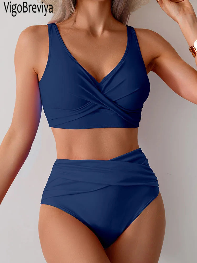 VigoBreviya 2025 Sexy Solid Strapped Swimwear Women Cross Push Up Bikini Set Brazilian Lady Swimsuit High Waist Beach Bath Suit