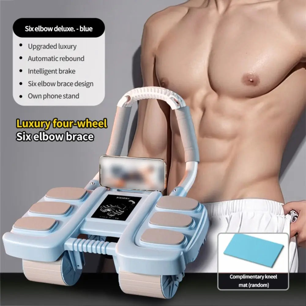Abdominal workout roller featuring automatic rebound, four wheels, and a complimentary knee mat for enhanced fitness.