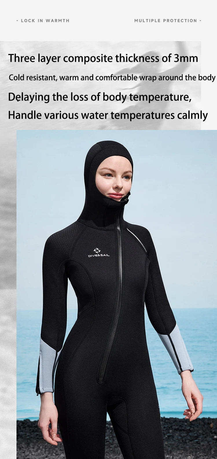 Men Women 3mm Neoprene Wetsuit One-piece Full Body Diving Suit Front Zip Wetsuit With Hood for Scuba Snorkeling Surfing Swimming