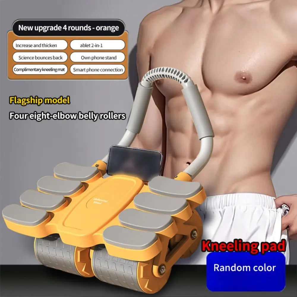 Automatic four-round yellow ab roller with elbow support for core and full-body workouts, featuring a kneeling pad.