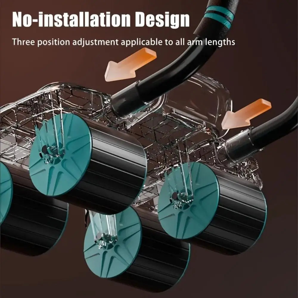 Automatic rebound ab roller with adjustable no-installation design for various arm lengths.