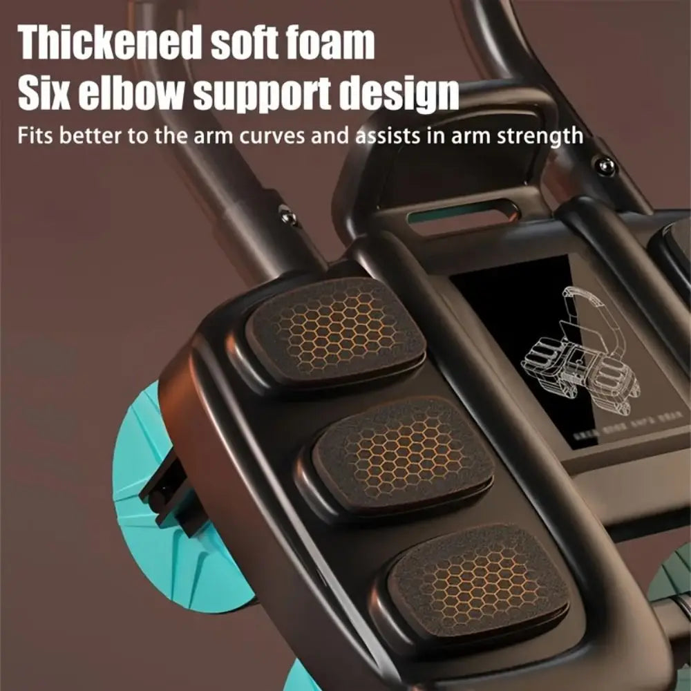 Close-up of thickened soft foam and elbow support design on ab roller for enhanced comfort and arm strength.