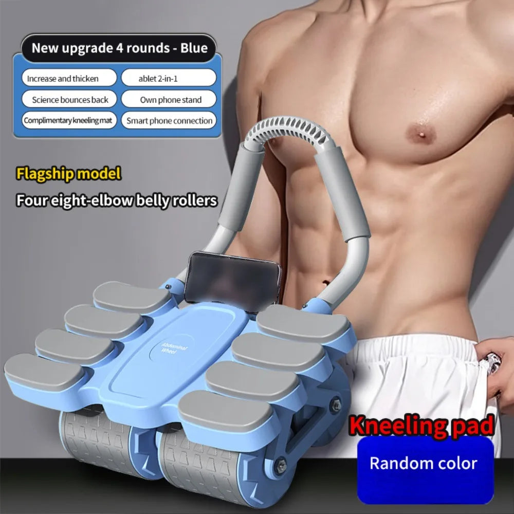Automatic rebound ab roller with four elbow rollers for core strength workout, featuring a kneeling pad and ergonomic design.